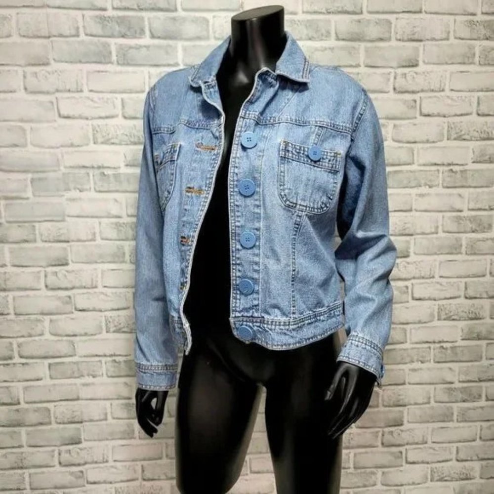 Vintage 90s Bill Blass L Light Wash Denim Button Front Jacket Jean Lightweight